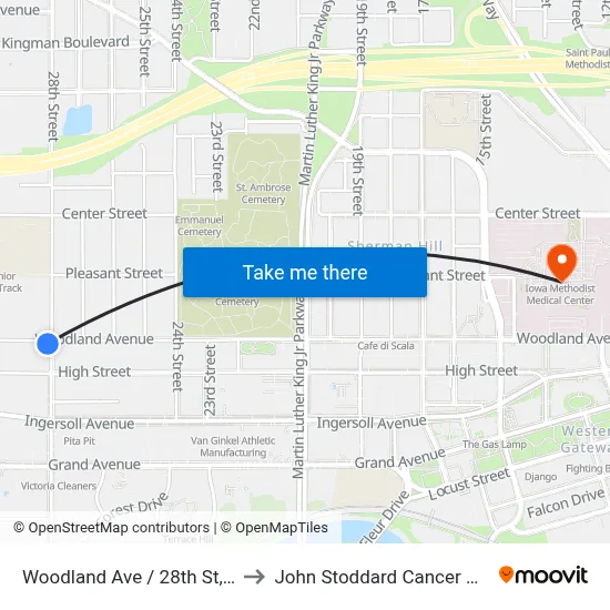 Woodland Ave / 28th St, Dsm to John Stoddard Cancer Center map