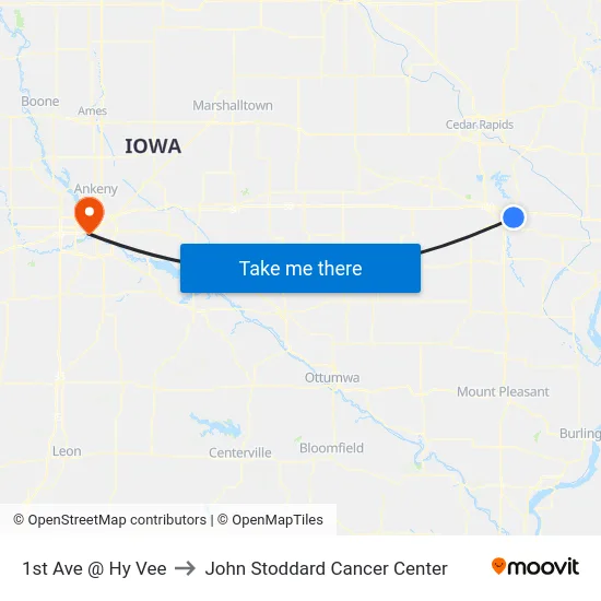 1st Ave @ Hy Vee to John Stoddard Cancer Center map