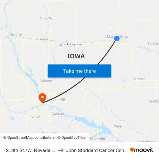 S. 8th St./W. Nevada St. to John Stoddard Cancer Center map