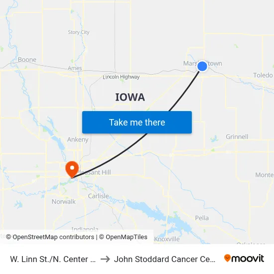 W. Linn St./N. Center St. to John Stoddard Cancer Center map