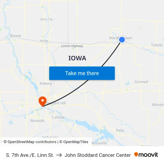 S. 7th Ave./E. Linn St. to John Stoddard Cancer Center map