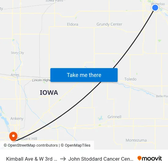 Kimball Ave & W 3rd St to John Stoddard Cancer Center map