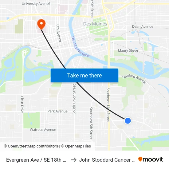 Evergreen Ave / SE 18th Ct, Dsm to John Stoddard Cancer Center map
