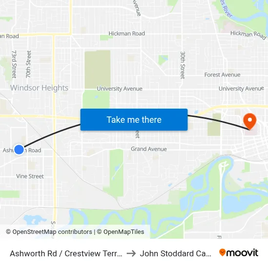Ashworth Rd / Crestview Terrace Apts, Wdm to John Stoddard Cancer Center map