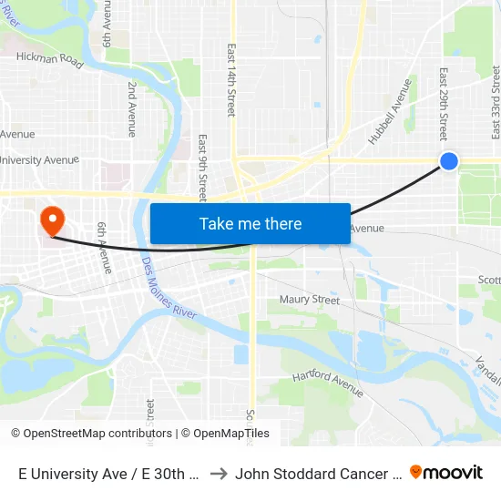 E University Ave / E 30th St, Dsm to John Stoddard Cancer Center map