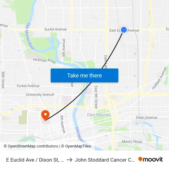 E Euclid Ave / Dixon St, Dsm to John Stoddard Cancer Center map