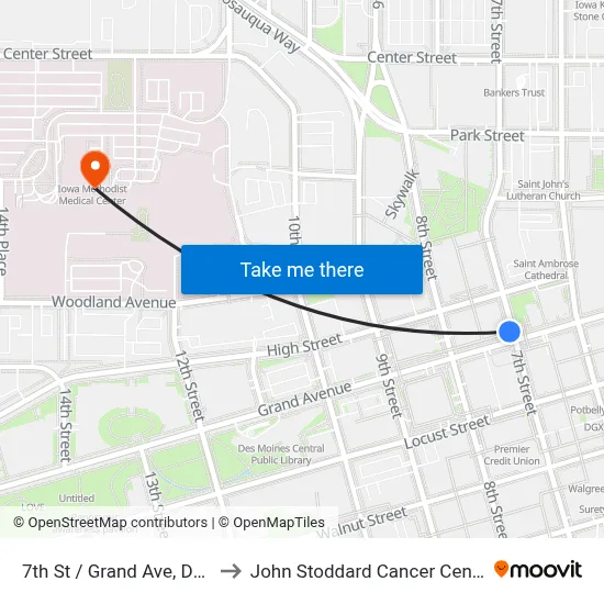 7th St / Grand Ave, Dsm to John Stoddard Cancer Center map