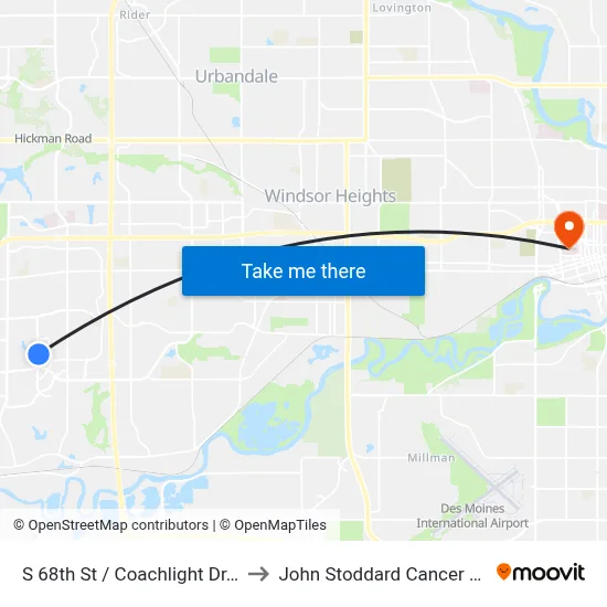 S 68th St / Coachlight Dr, Wdm to John Stoddard Cancer Center map