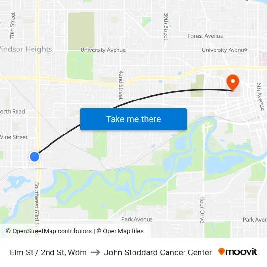 Elm St / 2nd St, Wdm to John Stoddard Cancer Center map
