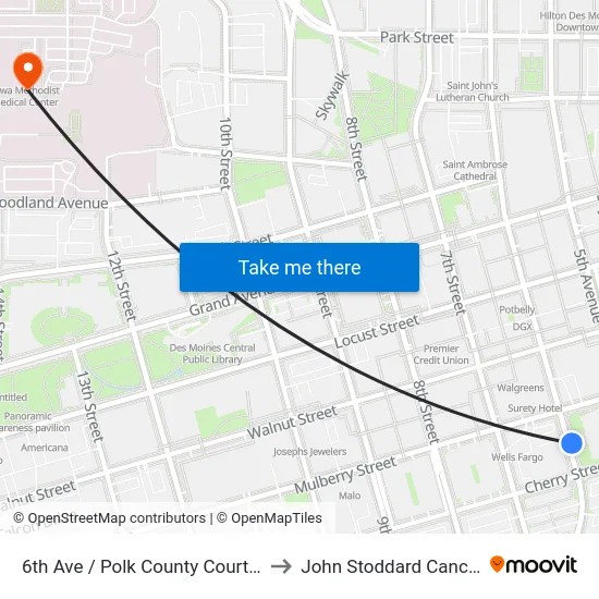 6th Ave / Polk County Courthouse, Dsm to John Stoddard Cancer Center map