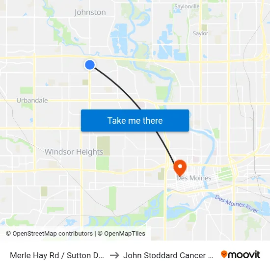 Merle Hay Rd / Sutton Dr, Dsm to John Stoddard Cancer Center map
