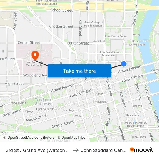 3rd St / Grand Ave (Watson Powell), Dsm to John Stoddard Cancer Center map