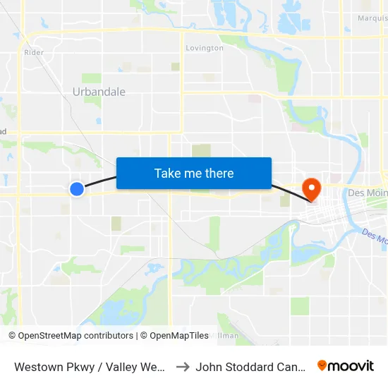 Westown Pkwy / Valley West Mall, Wdm to John Stoddard Cancer Center map