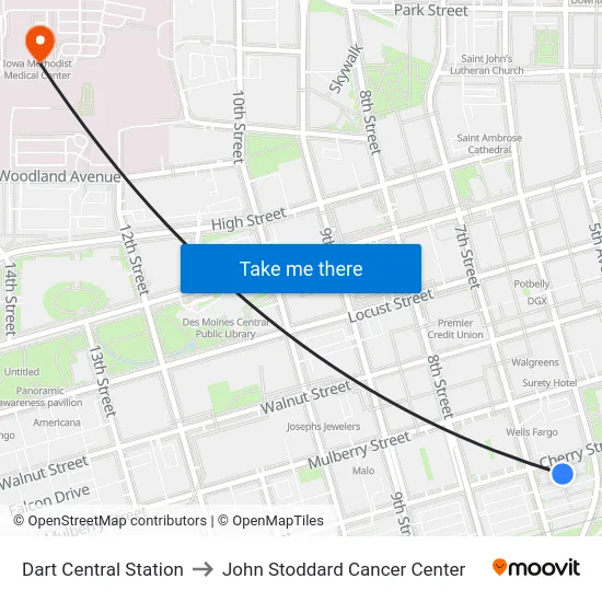 Dart Central Station to John Stoddard Cancer Center map