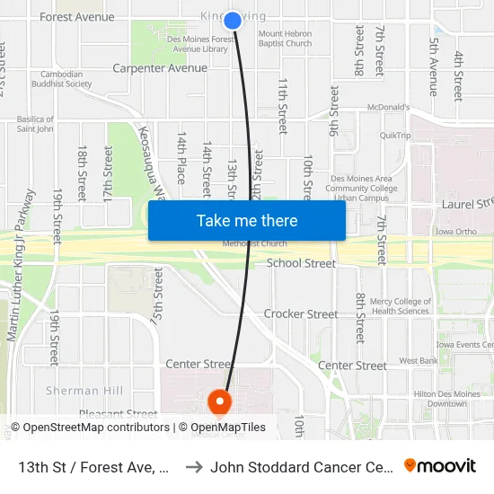13th St / Forest Ave, Dsm to John Stoddard Cancer Center map