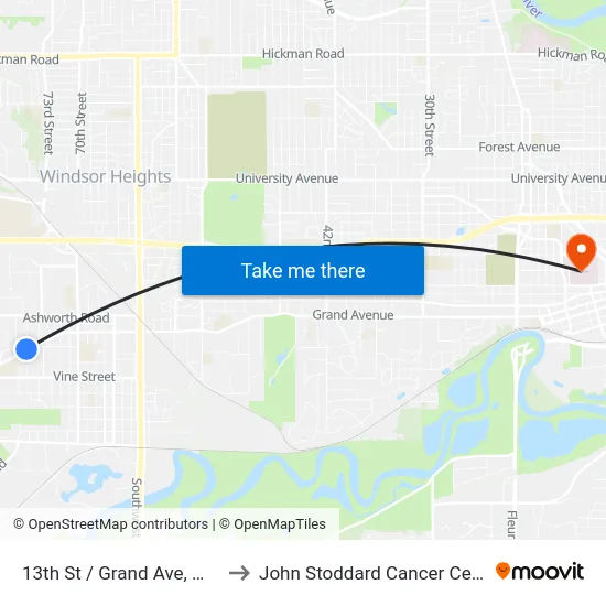 13th St / Grand Ave, Wdm to John Stoddard Cancer Center map