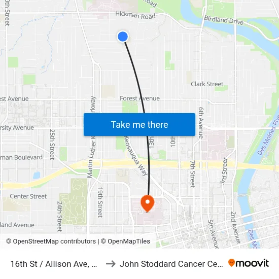 16th St / Allison Ave, Dsm to John Stoddard Cancer Center map