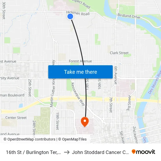 16th St / Burlington Ter, Dsm to John Stoddard Cancer Center map