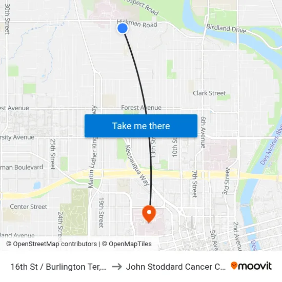 16th St / Burlington Ter, Dsm to John Stoddard Cancer Center map