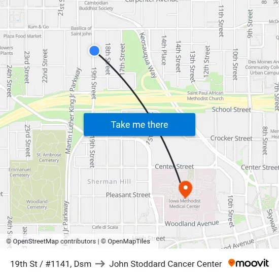 19th St / #1141, Dsm to John Stoddard Cancer Center map