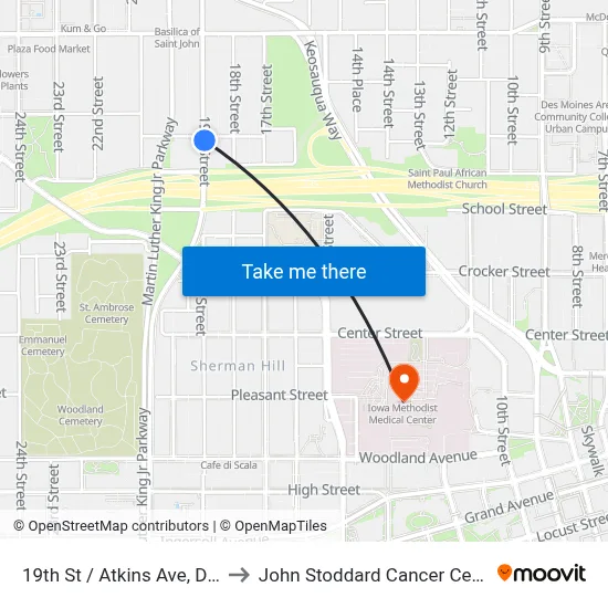 19th St / Atkins Ave, Dsm to John Stoddard Cancer Center map