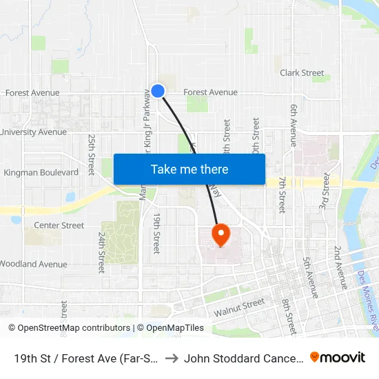 19th St / Forest Ave (Far-Side), Dsm to John Stoddard Cancer Center map