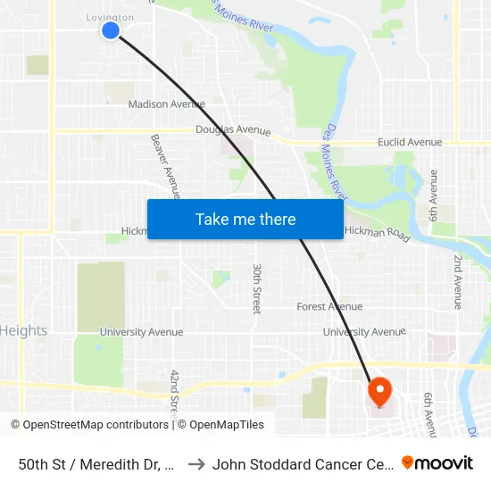 50th St / Meredith Dr, Dsm to John Stoddard Cancer Center map