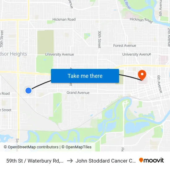 59th St / Waterbury Rd, Dsm to John Stoddard Cancer Center map