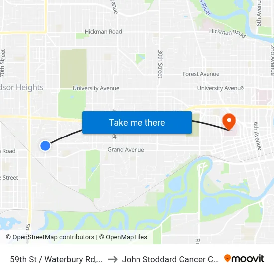 59th St / Waterbury Rd, Dsm to John Stoddard Cancer Center map
