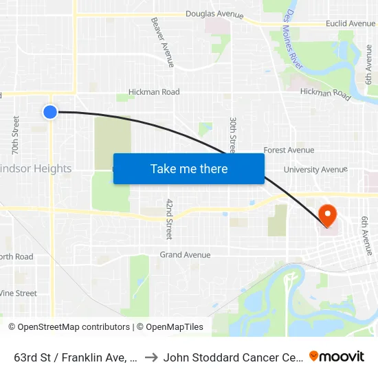 63rd St / Franklin Ave, Wht to John Stoddard Cancer Center map