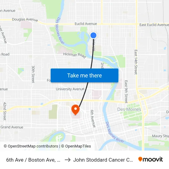 6th Ave / Boston Ave, Dsm to John Stoddard Cancer Center map