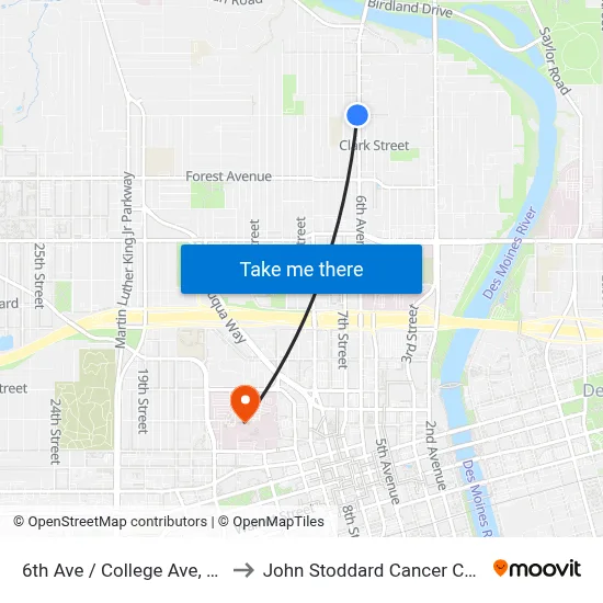 6th Ave / College Ave, Dsm to John Stoddard Cancer Center map