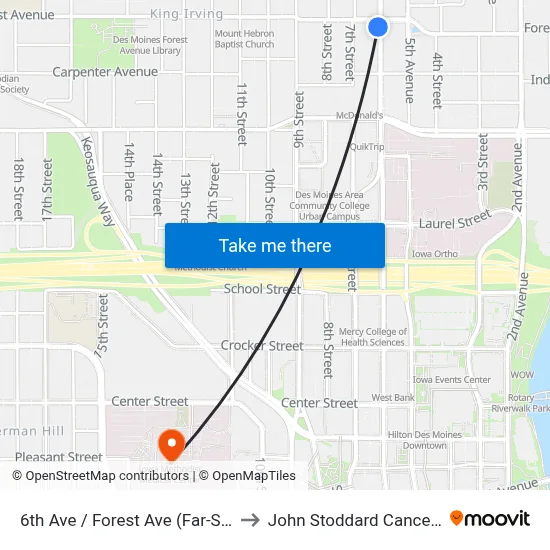 6th Ave / Forest Ave (Far-Side), Dsm to John Stoddard Cancer Center map