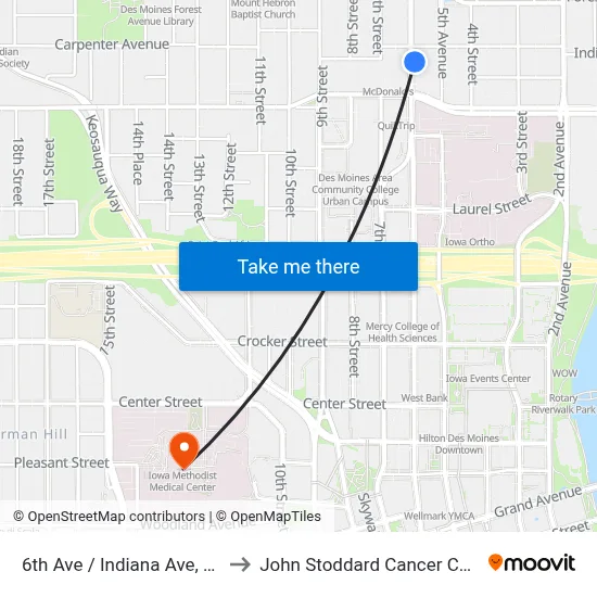 6th Ave / Indiana Ave, Dsm to John Stoddard Cancer Center map