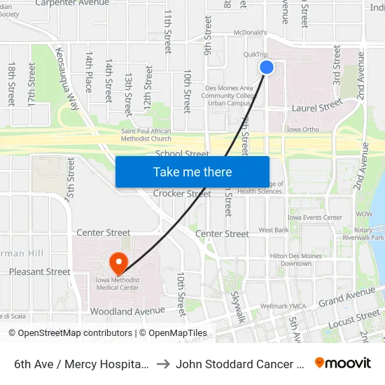 6th Ave / Mercy Hospital, Dsm to John Stoddard Cancer Center map