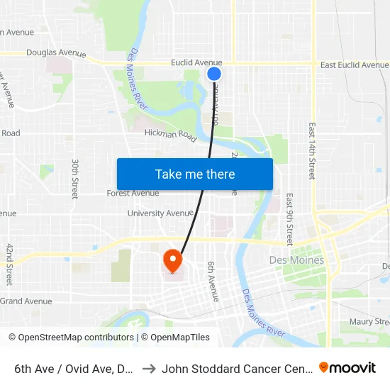 6th Ave / Ovid Ave, Dsm to John Stoddard Cancer Center map