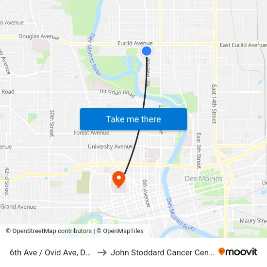 6th Ave / Ovid Ave, Dsm to John Stoddard Cancer Center map