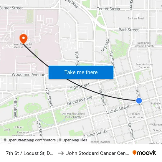 7th St / Locust St, Dsm to John Stoddard Cancer Center map