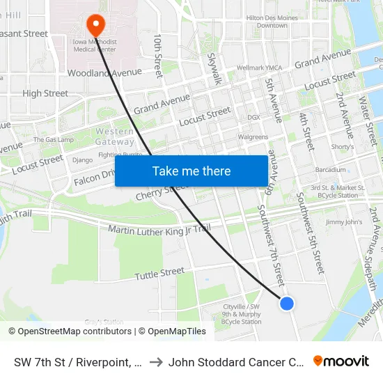 SW 7th St / Riverpoint, Dsm to John Stoddard Cancer Center map
