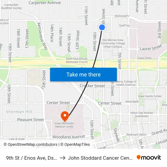 9th St / Enos Ave, Dsm to John Stoddard Cancer Center map