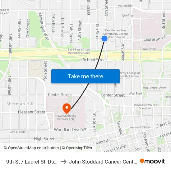 9th St / Laurel St, Dsm to John Stoddard Cancer Center map