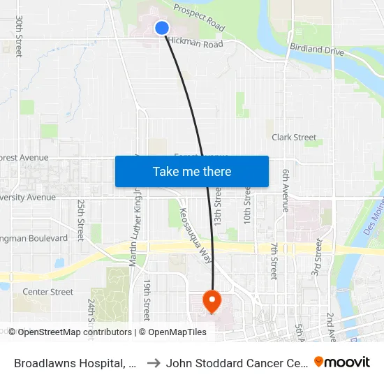 Broadlawns Hospital, Dsm to John Stoddard Cancer Center map