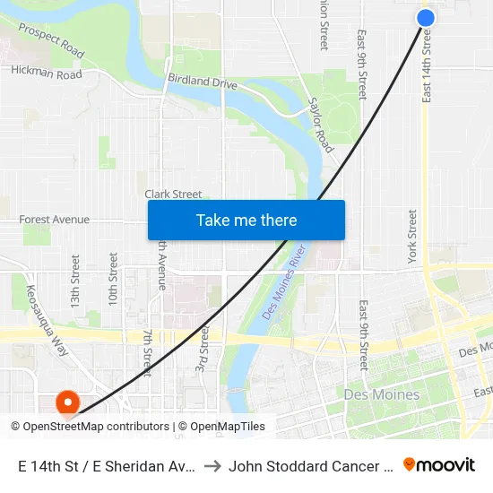 E 14th St / E Sheridan Ave, Dsm to John Stoddard Cancer Center map