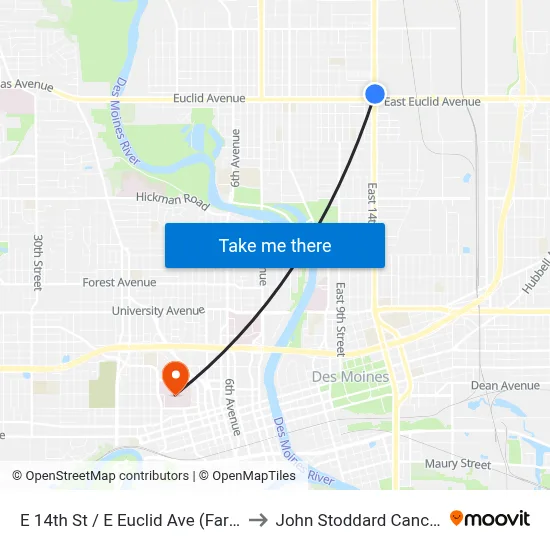 E 14th St / E Euclid Ave (Far-Side), Dsm to John Stoddard Cancer Center map