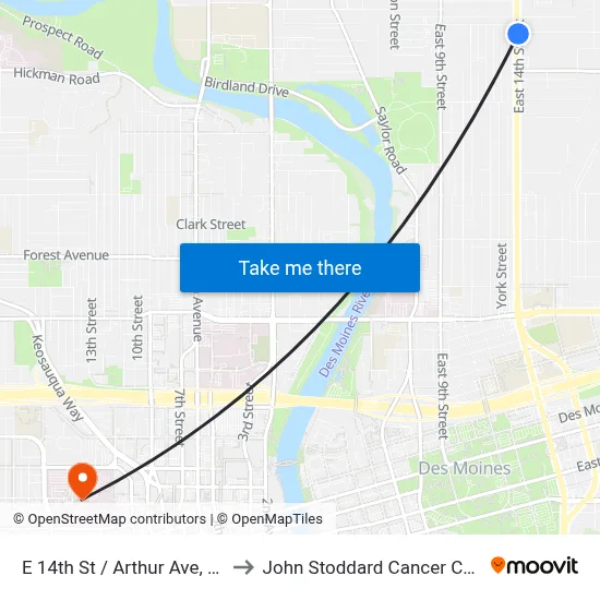 E 14th St / Arthur Ave, Dsm to John Stoddard Cancer Center map
