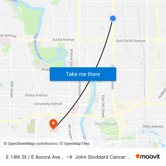 E 14th St / E Aurora Ave, Dsm to John Stoddard Cancer Center map