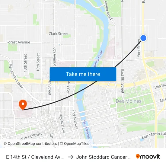 E 14th St / Cleveland Ave, Dsm to John Stoddard Cancer Center map