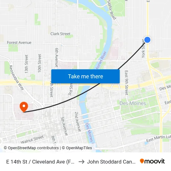 E 14th St / Cleveland Ave (Far-Side), Dsm to John Stoddard Cancer Center map