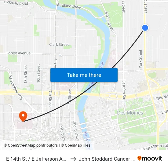 E 14th St / E Jefferson Ave, Dsm to John Stoddard Cancer Center map