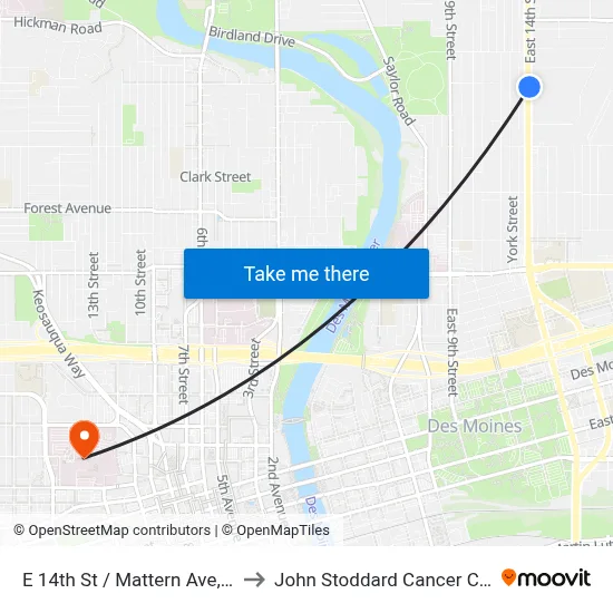 E 14th St / Mattern Ave, Dsm to John Stoddard Cancer Center map